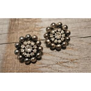 Rhinestone Earrings‎ Gray Pearl Cluster Statement Elegant Jewelry VINTAGE JAPAN